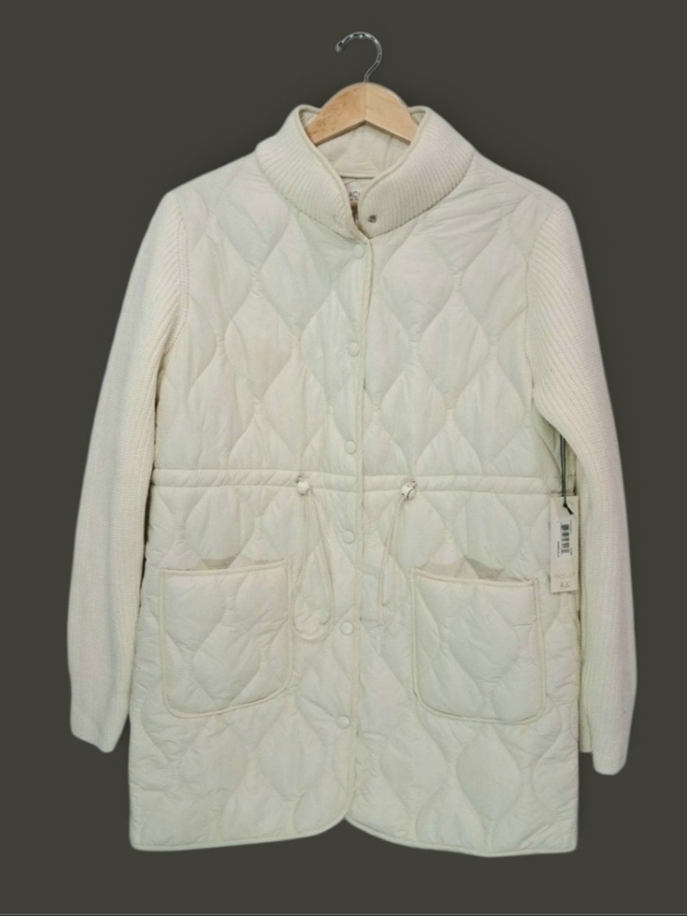 Rachel Zoe Ivory Quilted Hybrid Jacket Knit Sleeves Drawstring NWT XLarge